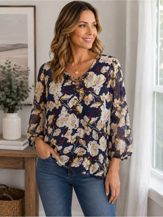 Rose & Olive Tops - Rose & Olive Navy Floral Lace-Up V-Neck Blouse Boho Office Chic